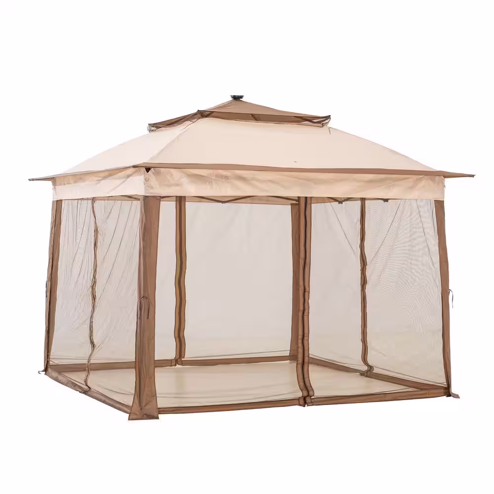 Sunjoy 11 ft. x 11 ft. Brown Patio Pop Up Portable Steel Gazebo with Solar LED Lighting