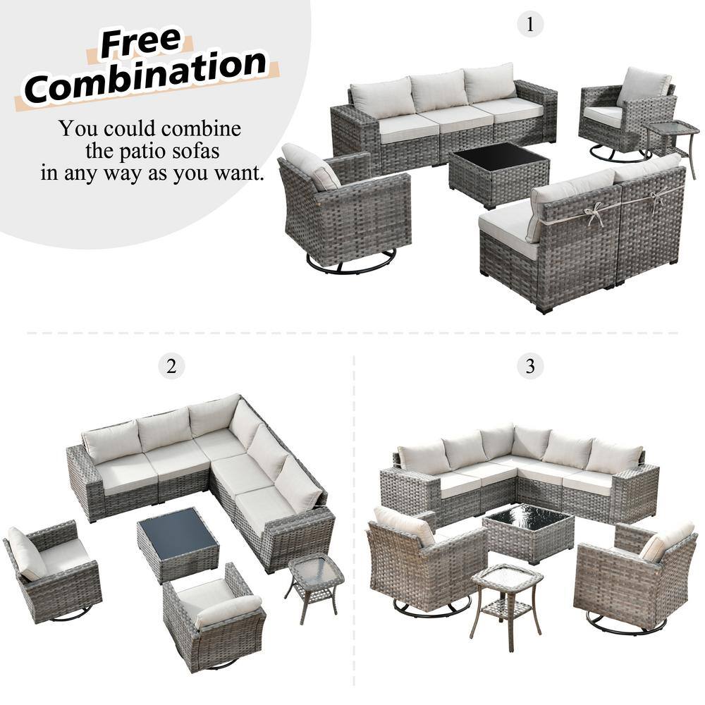 HOOOWOOO Crater Grey 9-Piece Wicker Wide-Plus Arm Patio Conversation Sofa Set with Swivel Rocking Chairs and Beige Cushions