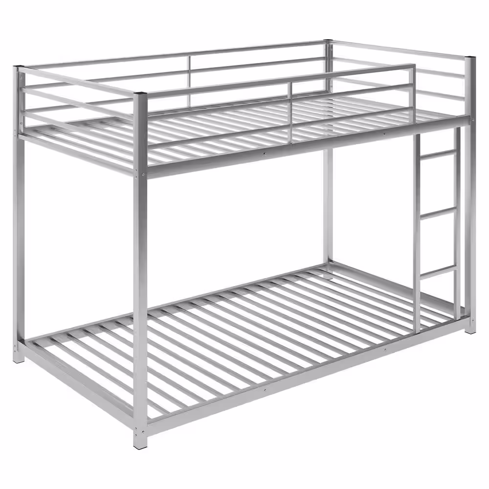 Harper & Bright Designs Silver Twin Over Twin Metal Low Bunk Bed with Ladder