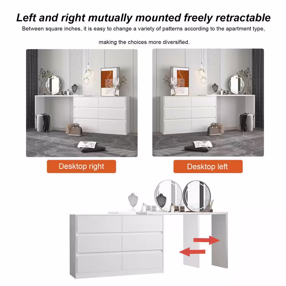 None 6-Drawer L-Shaped Chest of Drawers Cabinet with Rotatable Desktop 47.2 in. W x 51.2 in. D x 32.7 in. H