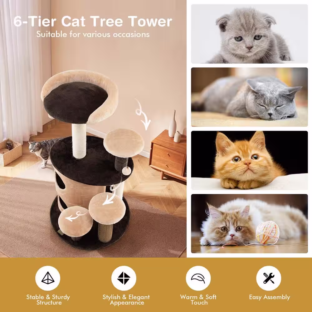 ANGELES HOME Brown 40 in. Cat Tree Tower Multi-Level Activity Tree with 2-Tier Cat-Hole Condo