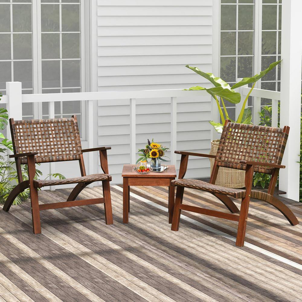 HONEY JOY 3 Pieces Wood Outdoor Eucalyptus Bistro Set Modern Hand-Woven PE Wicker Conversation Set