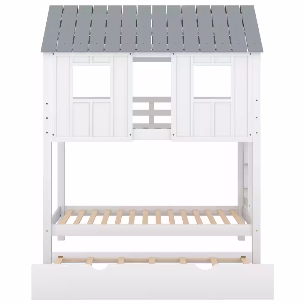 Harper & Bright Designs White Twin over Twin Wood House Bunk Bed with Trundle, Ladder, Roof and Windows