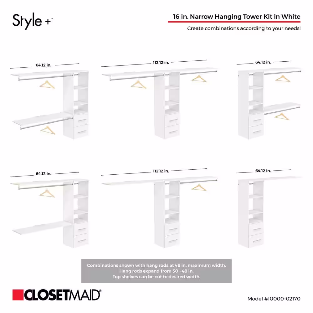 ClosetMaid Style+ 46.97 in. W - 112.97 in. W White Hanging Wood Closet System with Top Shelves and Modern Drawers