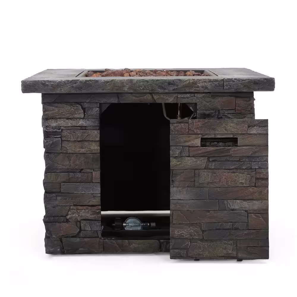 Noble House Blaeberry 34.5 in. x 24 in. Natural Stone Square Gas Outdoor Firepit