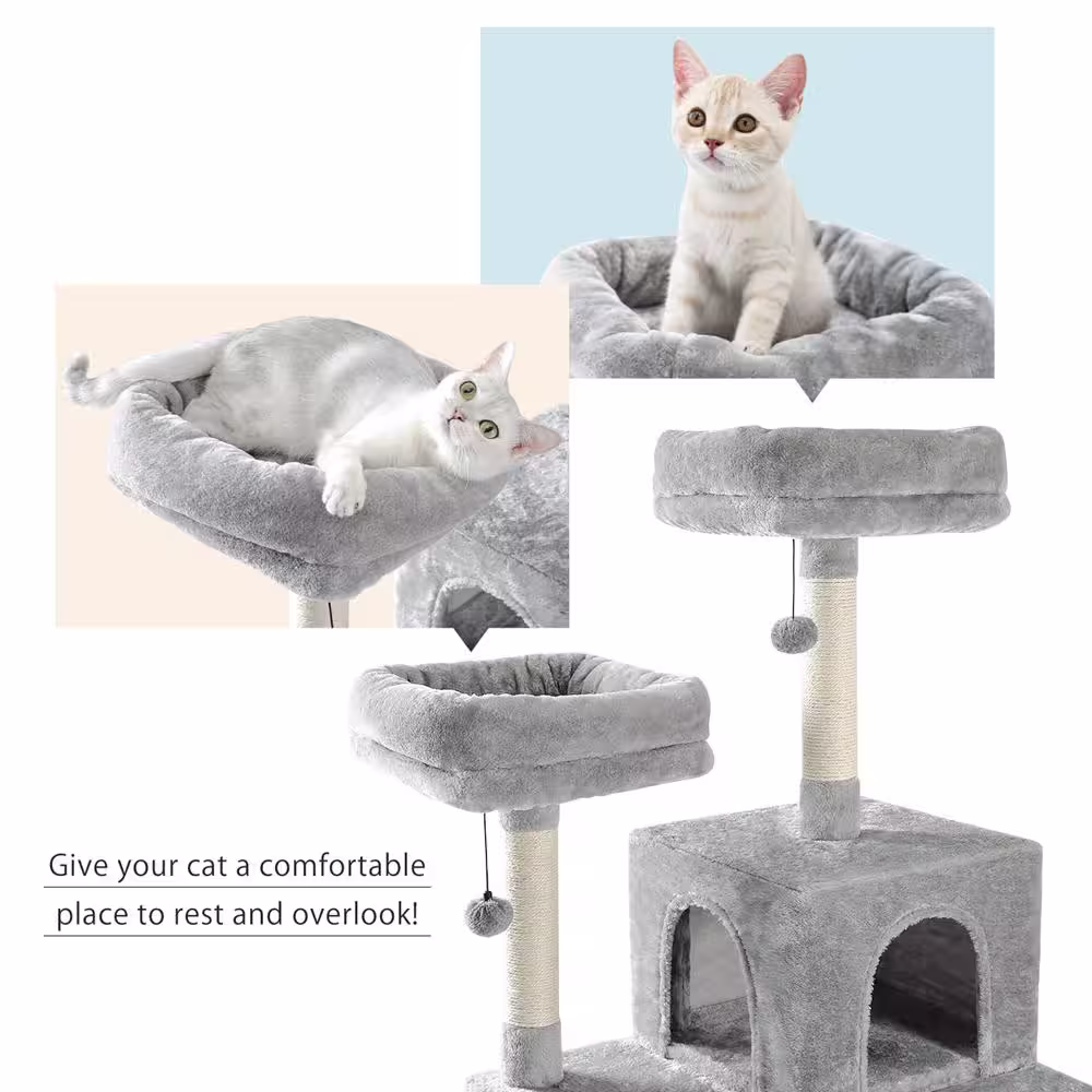 None Multi-Level Gray Pet Cats Scratching Posts and Trees with Ladder, Double Condos, Hammocks,Perches& Hanging Balls