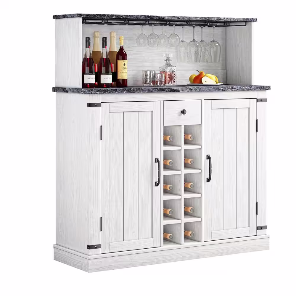 None 47 in. Cut-Off White Wood Buffet Bar Cabinet with Wine Rack with Granite Pattern Countertop
