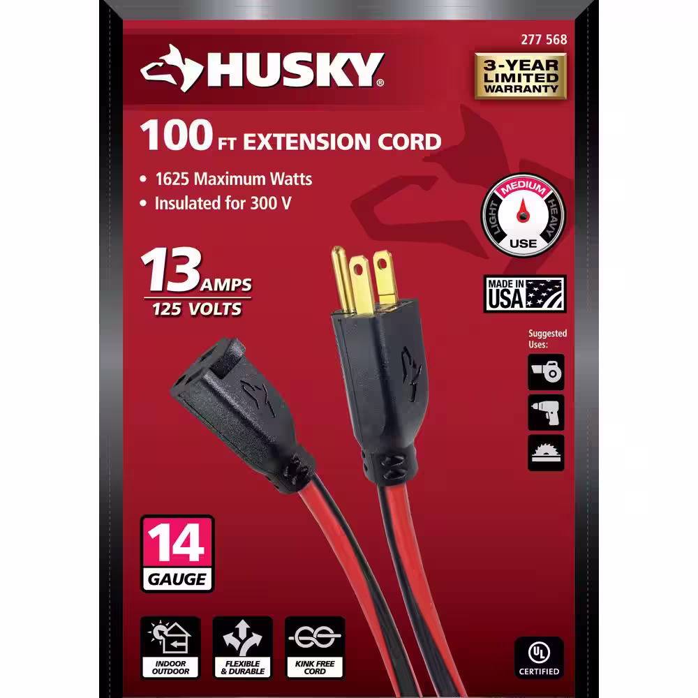 Husky 100 ft. 14/3 Medium Duty Indoor/Outdoor Extension Cord, Red/Black