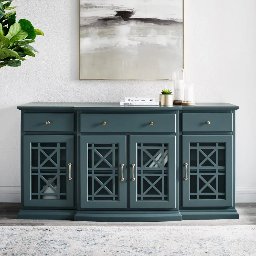 Welwick Designs Landon Fretwork 60 in. Dark Teal 4-Door Sideboard with 3-Drawers