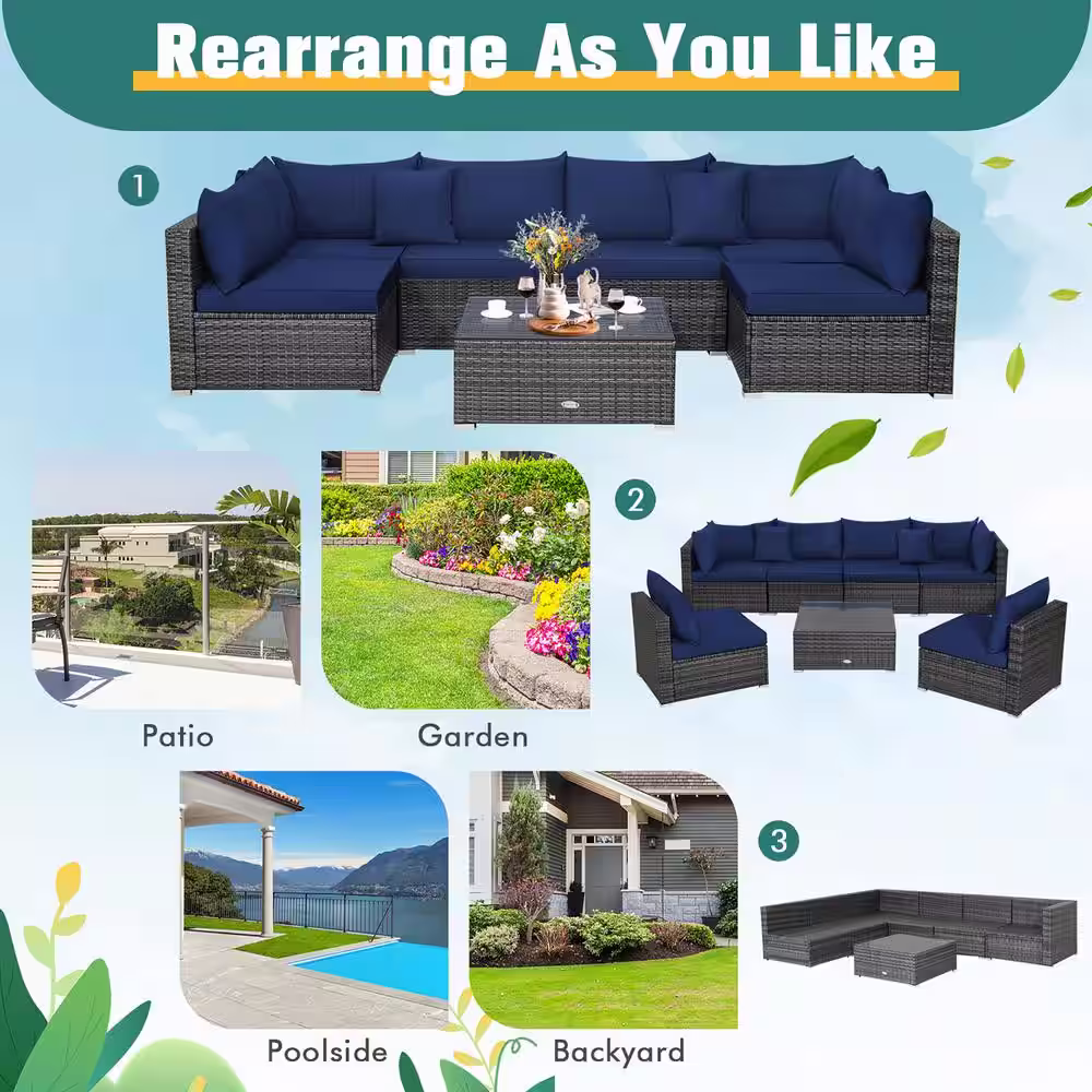 Costway 7-Piece Patio Rattan Furniture Set Sectional Sofa Cushioned Garden Navy