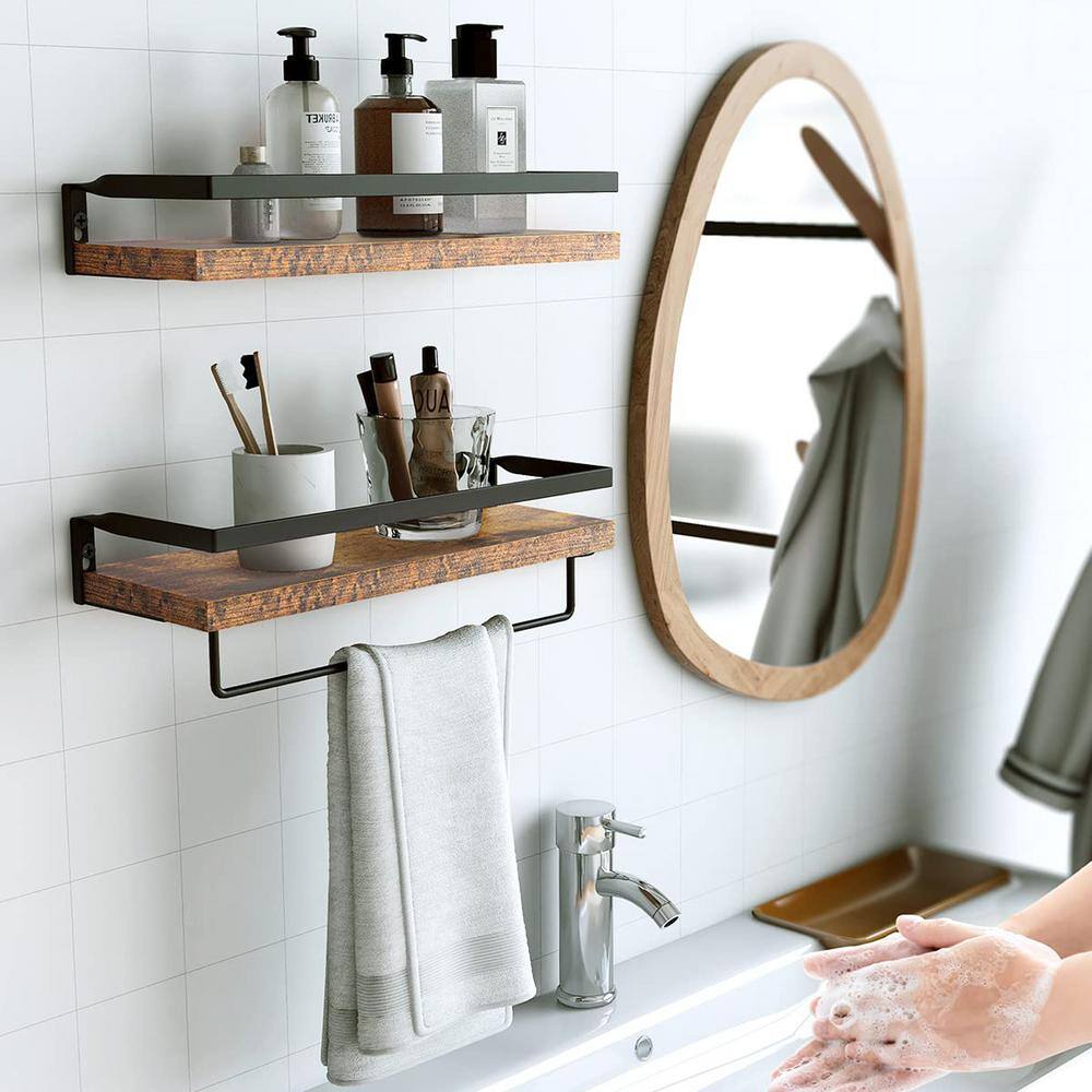 None 5.9 in. D x 16.5 in. W x 2.75 in. H Rustic Brown Wall Shelves with Towel Bar (Set of 2)