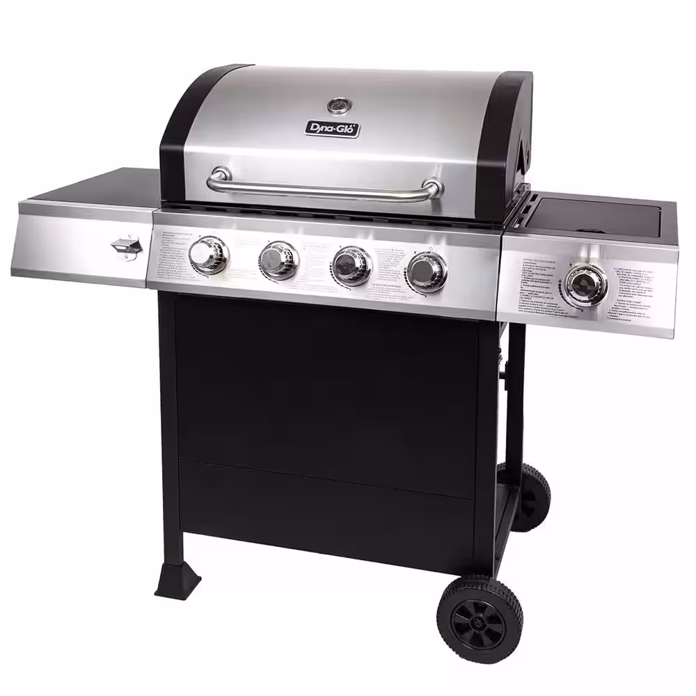 Dyna-Glo 4-Burner Open Cart Propane Gas Grill in Stainless Steel with Side Burner