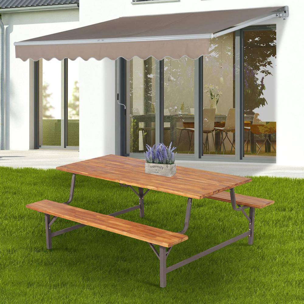 ANGELES HOME 6-Person Rectangle Wood Outdoor Picnic Table and Bench Set with 2 Inch Umbrella Hole