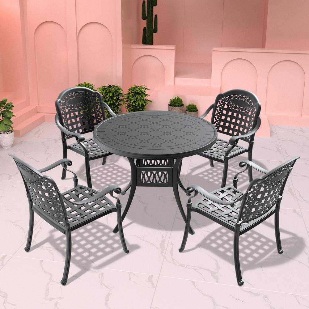 None 5-Piece Cast Aluminum Outdoor Bistro Set Patio Table Set with Random Colors Cushion and Umbrella Hole in Black