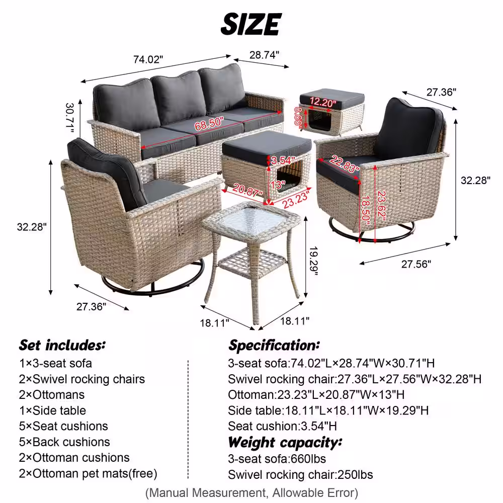 HOOOWOOO Echo Beige 6-Piece Wicker Multi-Function Patio Conversation Sofa Set with Swivel Rocking Chairs and Black Cushions