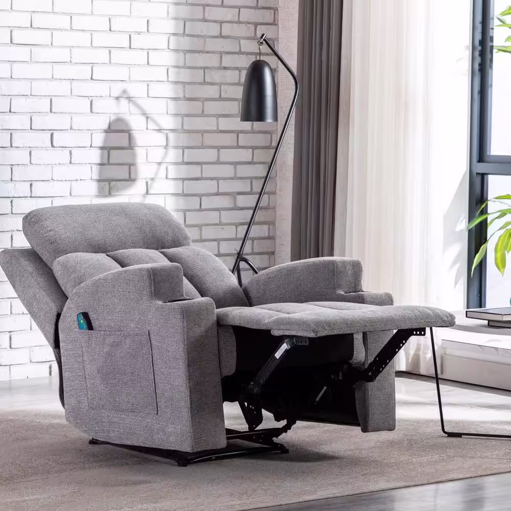 None Light Gray Recliner Chair with Massage and Heat, Fabric Living Room Reclining Single Sofa Seating with Cup Holders