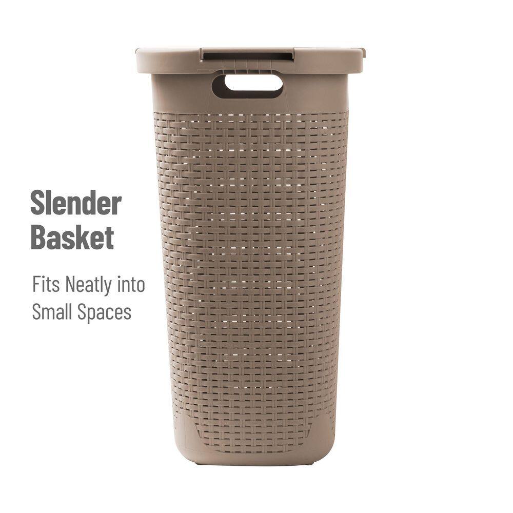 Mind Reader Basket Collection, Plastic Slim Laundry Hamper, 60 Liter (15kg/33lbs) Capacity, Attached Hinged Lid, Set of 2, Tan