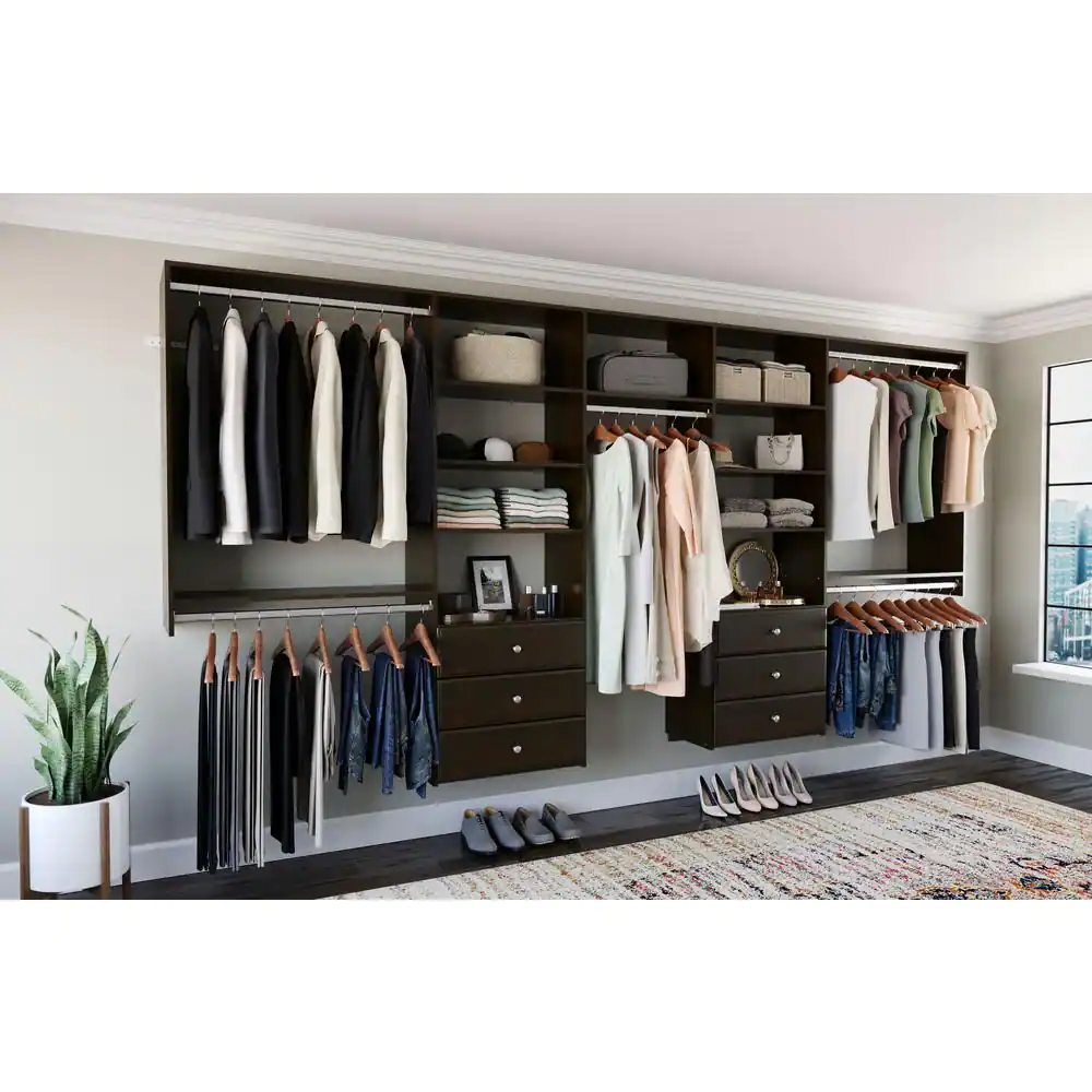 Closet Evolution 120 in. W - 144 in. W Espresso Wood Deluxe Closet System