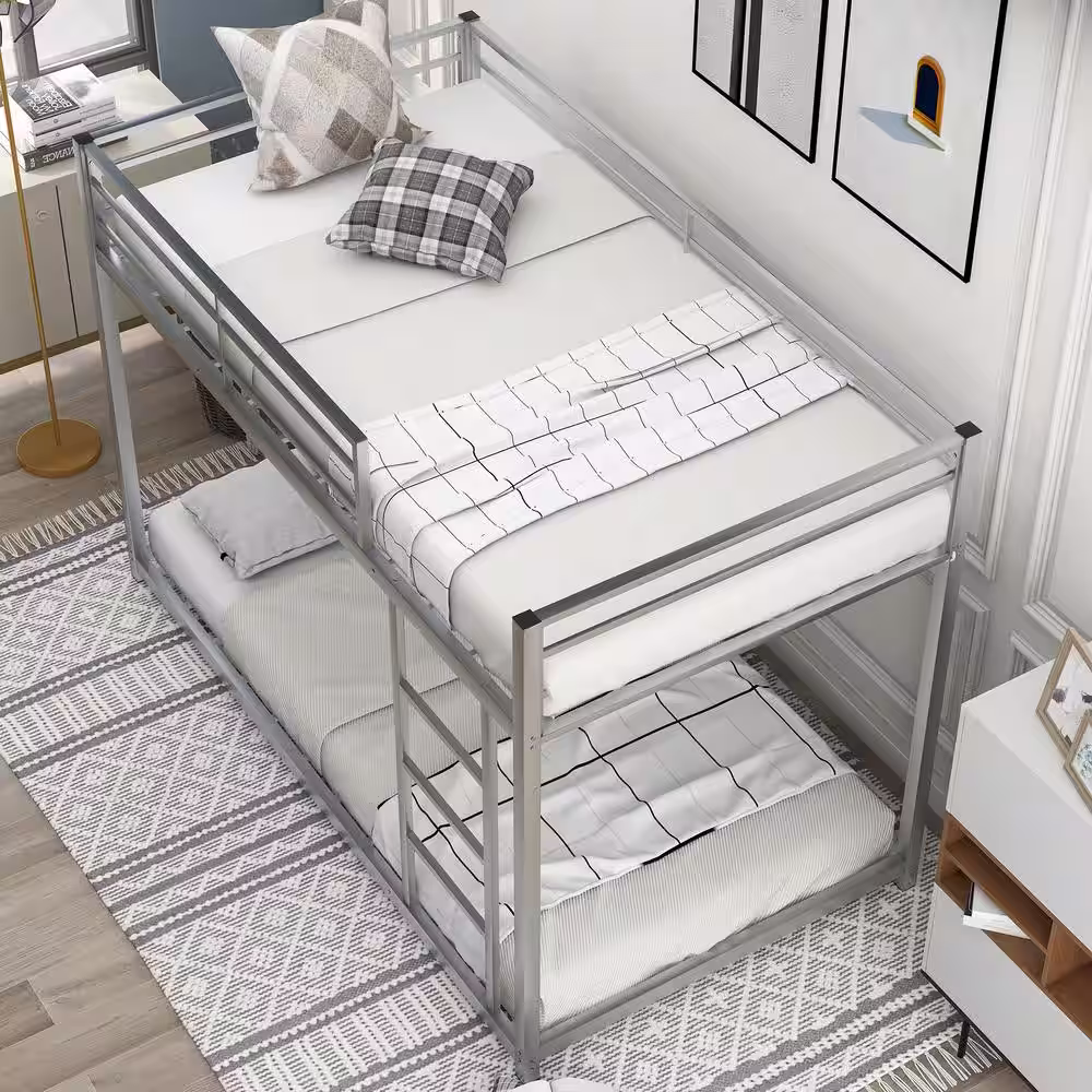 Harper & Bright Designs Silver Twin Over Twin Metal Low Bunk Bed with Ladder
