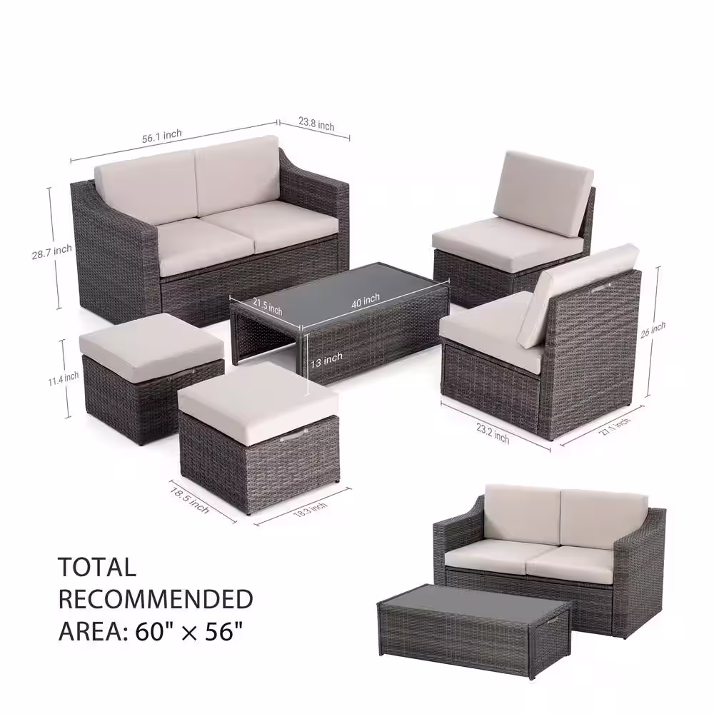 None 6-Piece Wicker Patio Conversation Set with Beige Cushions