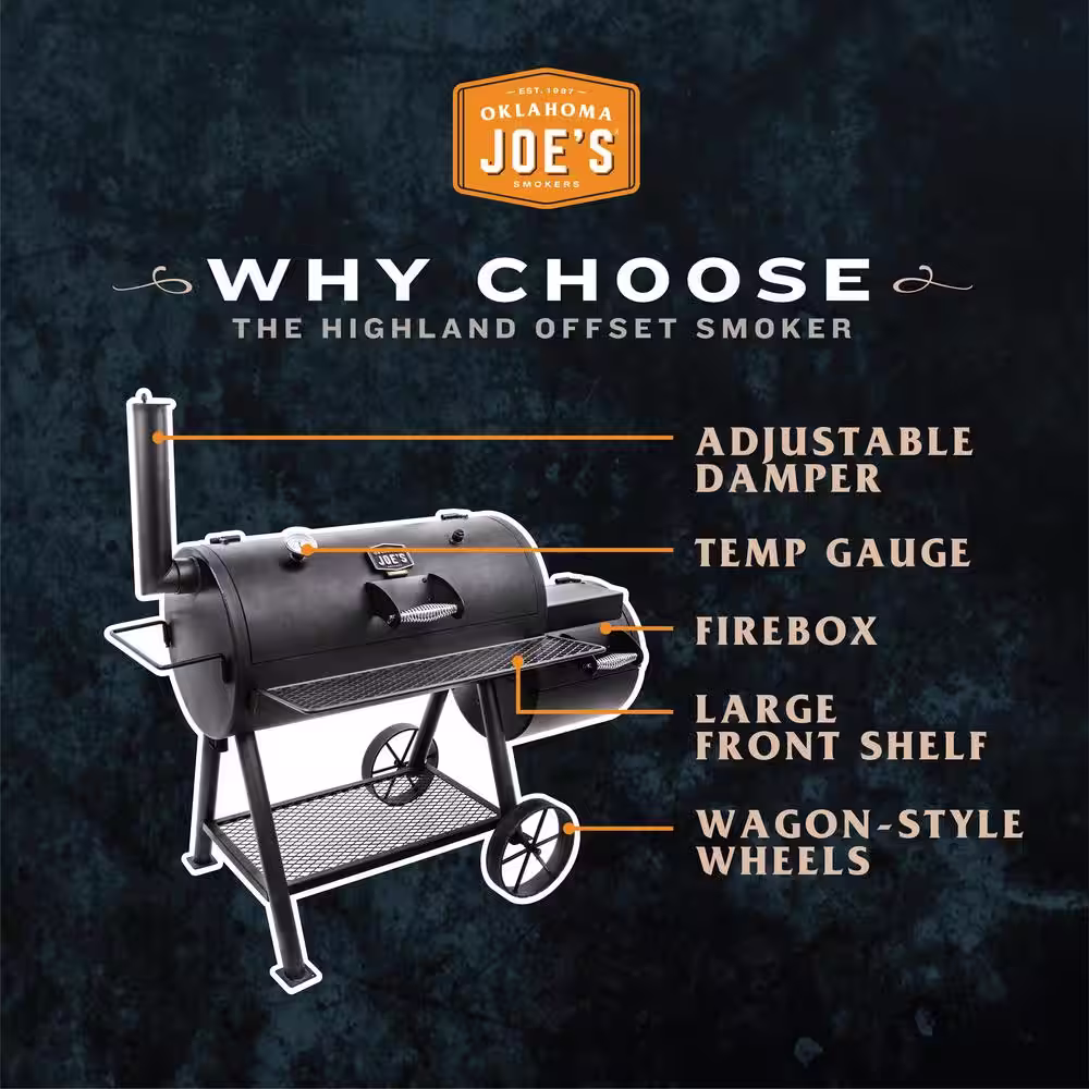 OKLAHOMA JOE'S Highland Offset Charcoal Smoker and Grill in Black with 900 sq. in. Cooking Space