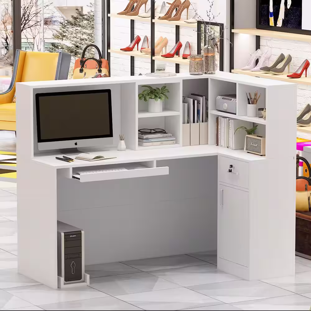 FUFU&GAGA 55.9 in. L Shaped White Wood Executive Desk Reception Desk Computer Writing Desk W/Removable Shelves, Drawer, Cabinet