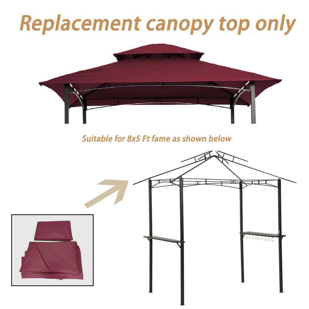 wetiny 8 ft. x 5 ft. Burgundy Grill Gazebo Replacement Canopy, Double Tiered BBQ Tent Roof Top Cover