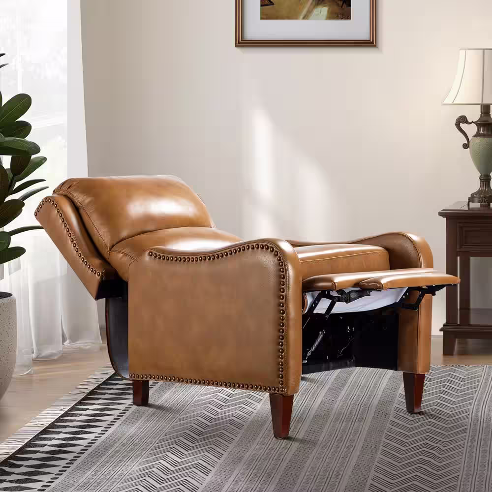 JAYDEN CREATION Hyde Modern Retro Camel Genuine Leather Wingback Recliner Upholstery Armchair With Nail Head Trim