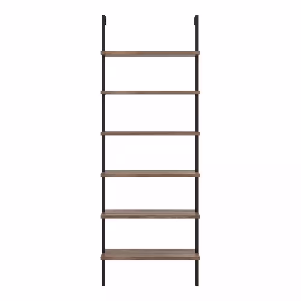 Nathan James Theo 85 in. Matte Black Reclaimed Oak Wood 6-Shelf Wall Mount Ladder Bookcase with Matte Black Metal Frame