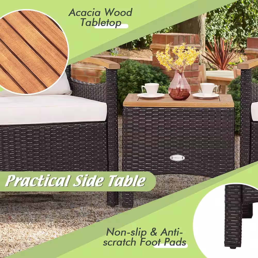Costway 3-Piece Patio Rattan Furniture Set Wooden Armrest Table Top Cushioned Deck in Off White