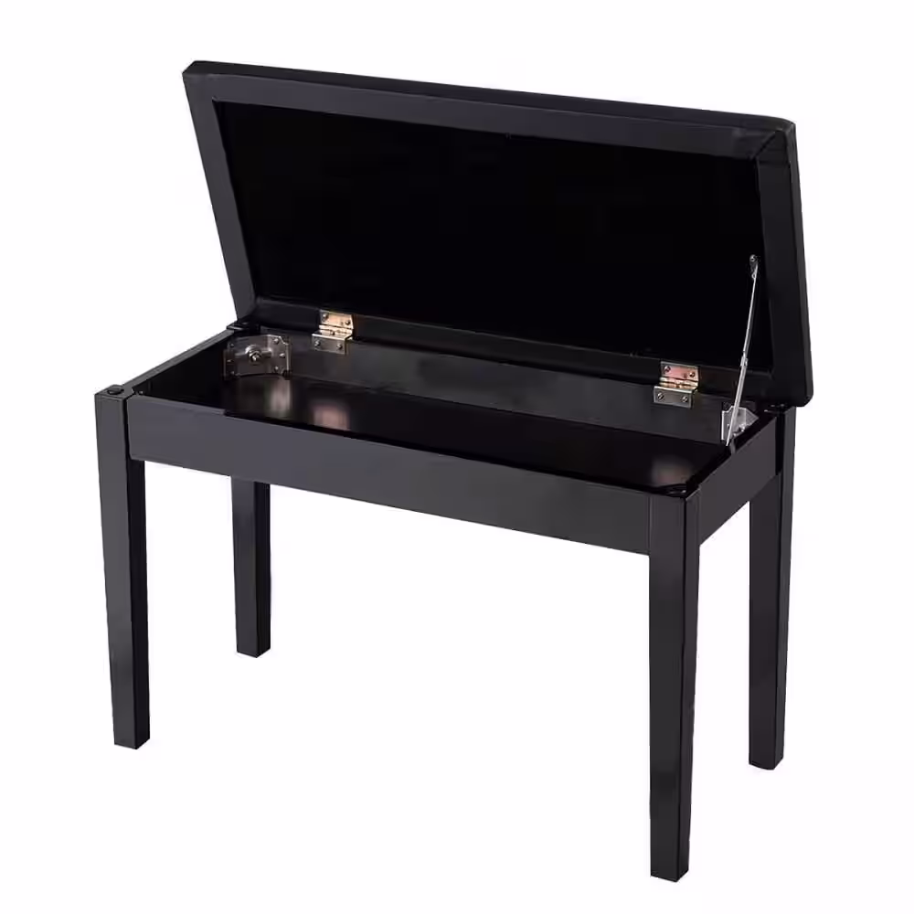 HONEY JOY Black PU Leather Piano Bench Solid Wood Padded Double Duet Keyboard Seat w/Storage Box (19.5 in. x 29.5 in. x 14 in.)