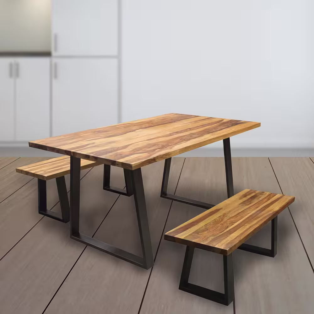 AmeriHome Sheesham 63 in. Rectangle, Rosewood Wood Top with Black Metal Frame Dining Table, Seats 6