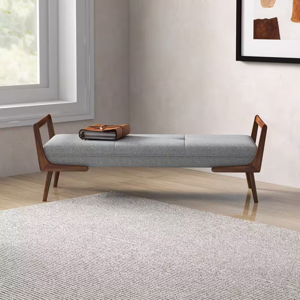 Ashcroft Furniture Co Poppy Mid Century Modern Rectangular Fabric Upholstered Bench in Gray (20.2 in. H x 51.2 in. W x 19.5 in. D)
