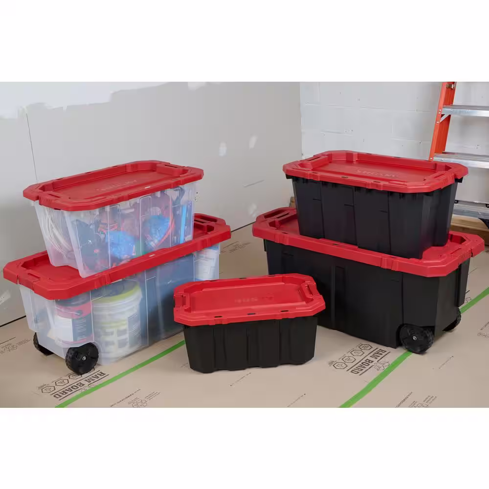 Husky 25 Gal. Latch and Stack Tote in Clear with Red Lid