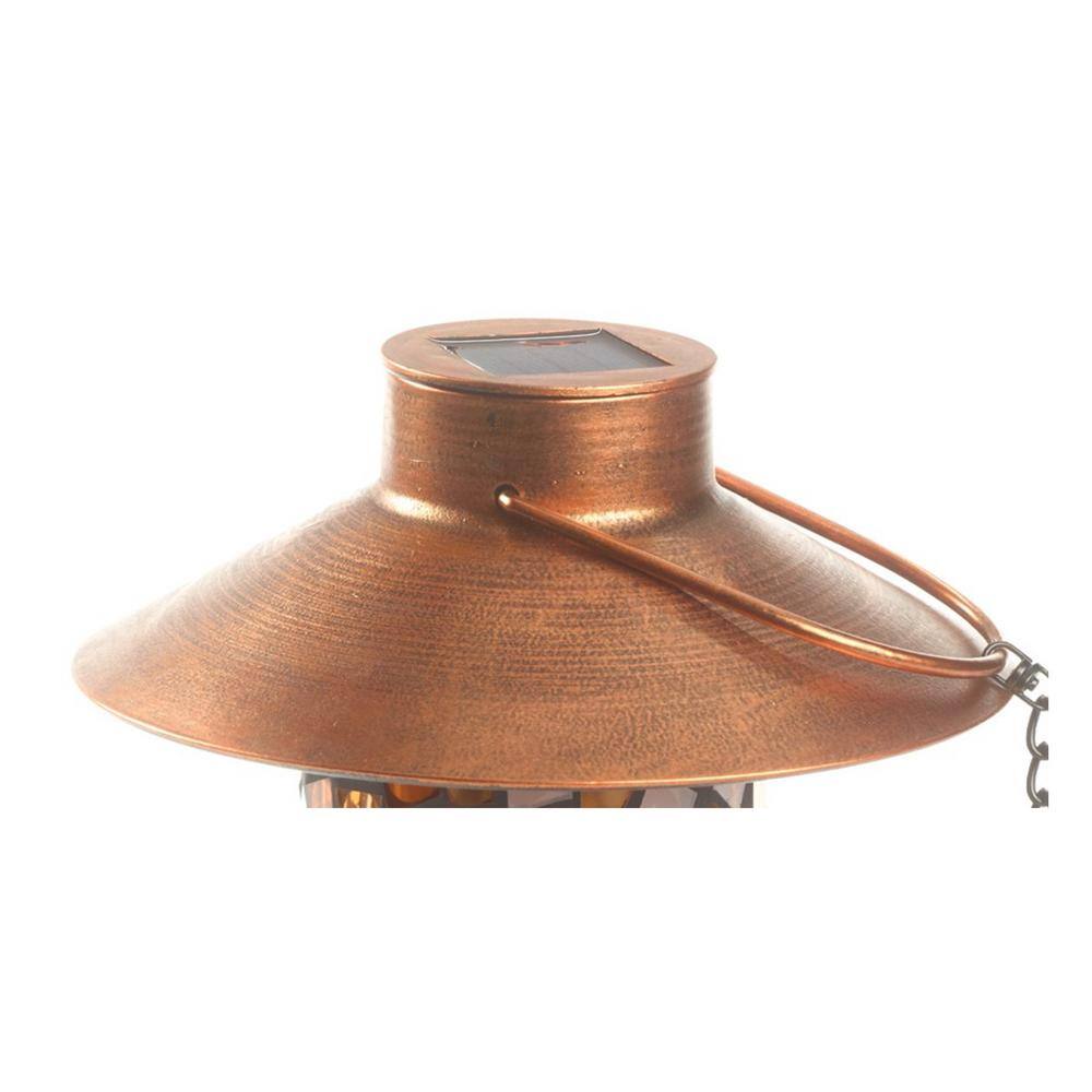 Smart Solar Adelie Mosaic Glass and Distressed Copper Bird Feeder with Integrated LED Solar Powered Light