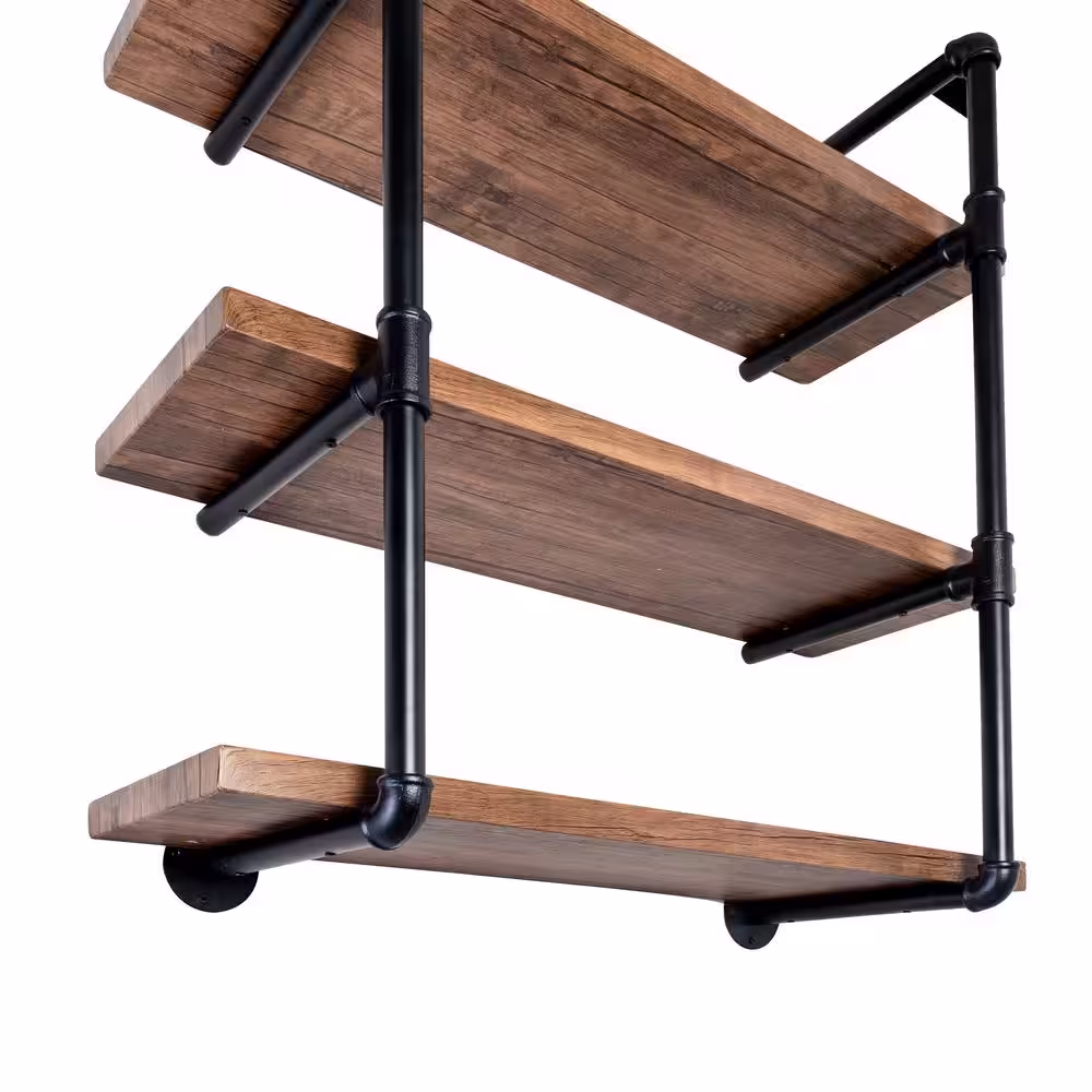 Honey-Can-Do 9 in. x 31.5 in. x 35.4 in. Black Steel and Wood 3-Tier Industrial Wall Shelf