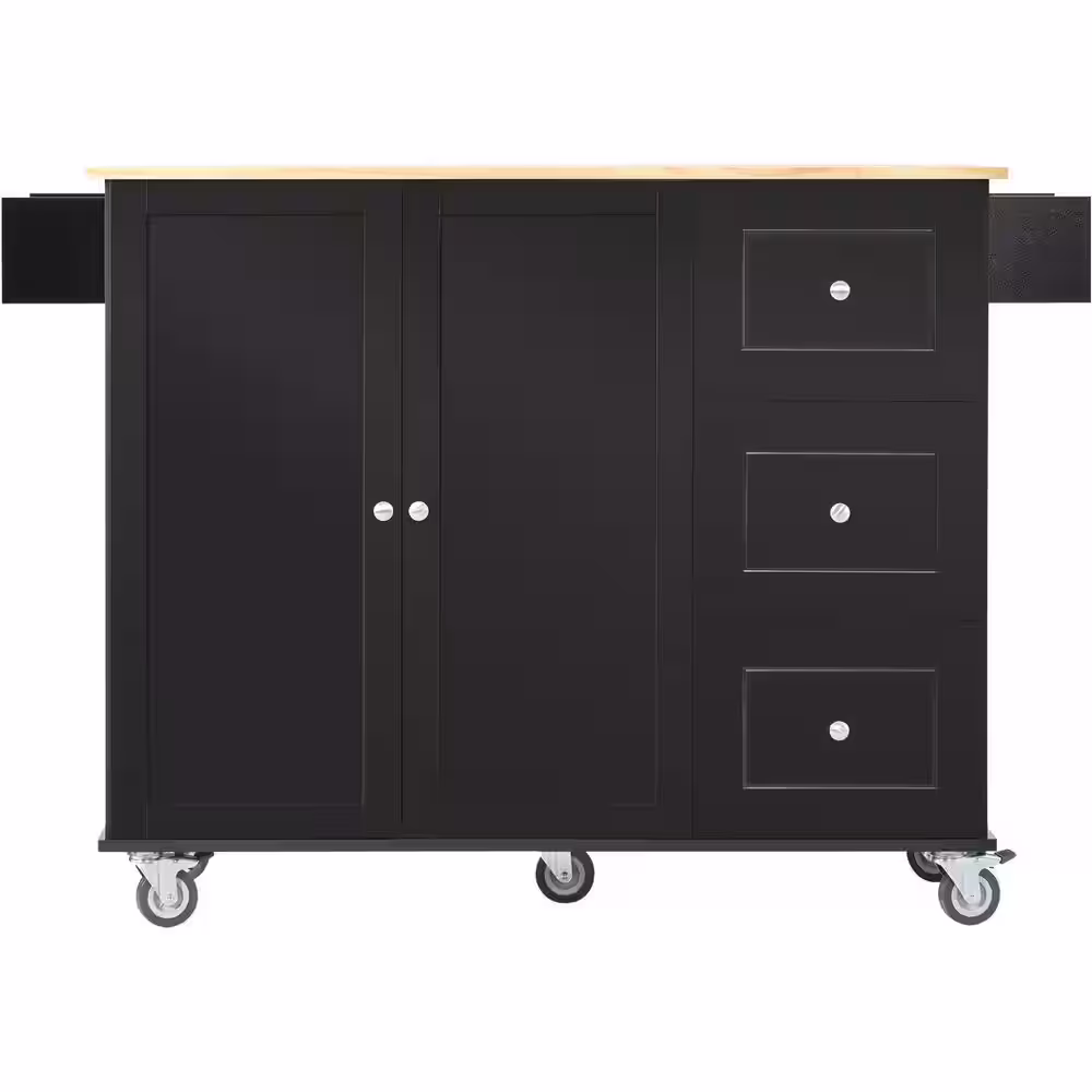 None Black Rolling Kitchen Island Cart with Rubber Wood Drop-Leaf Countertop (52 in. W)