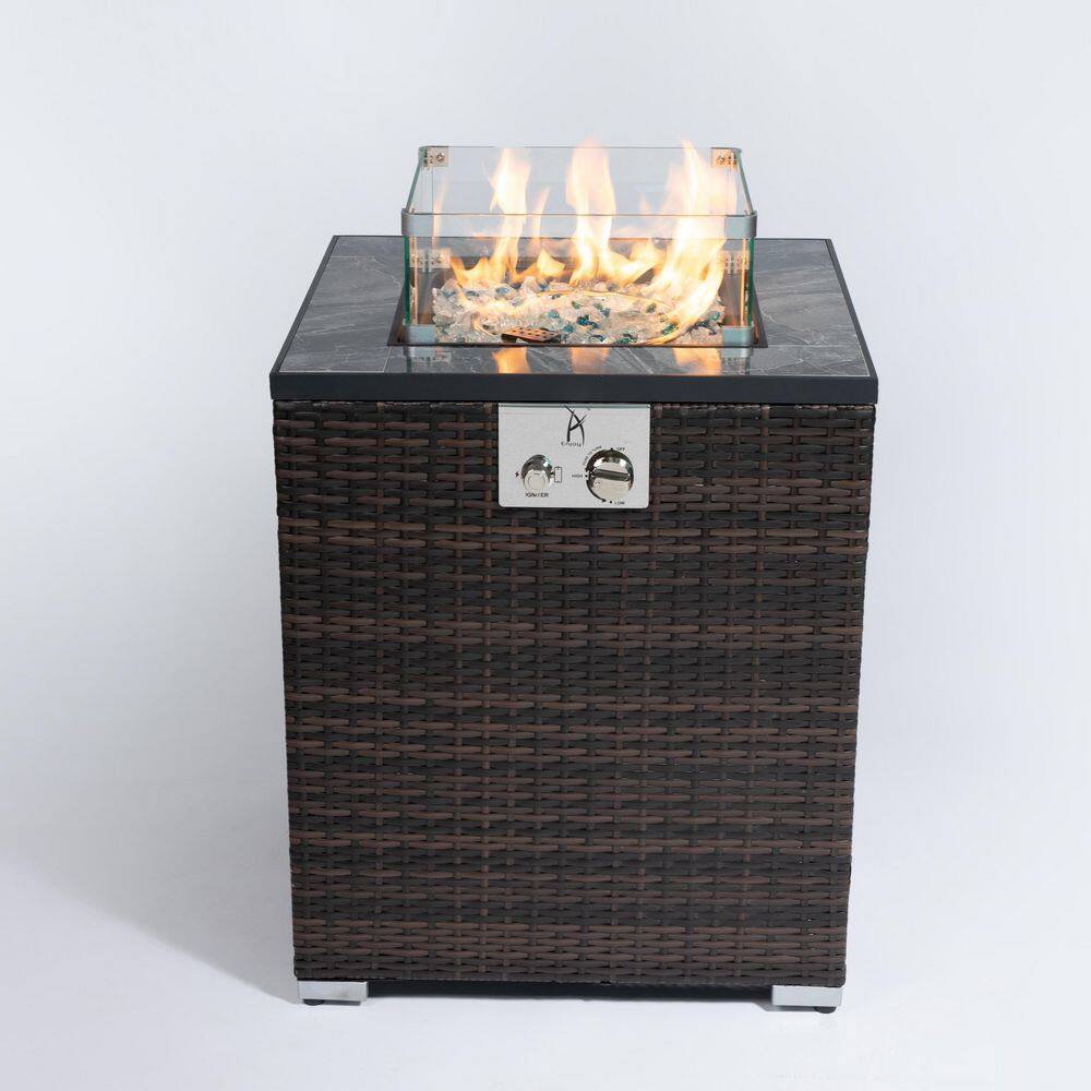 None 23.60 in. W x 28.70 in. H Dark Brown Outdoor 50000 BTU Square PE Wicker Propane Fire Pit Table with Glass Windshield