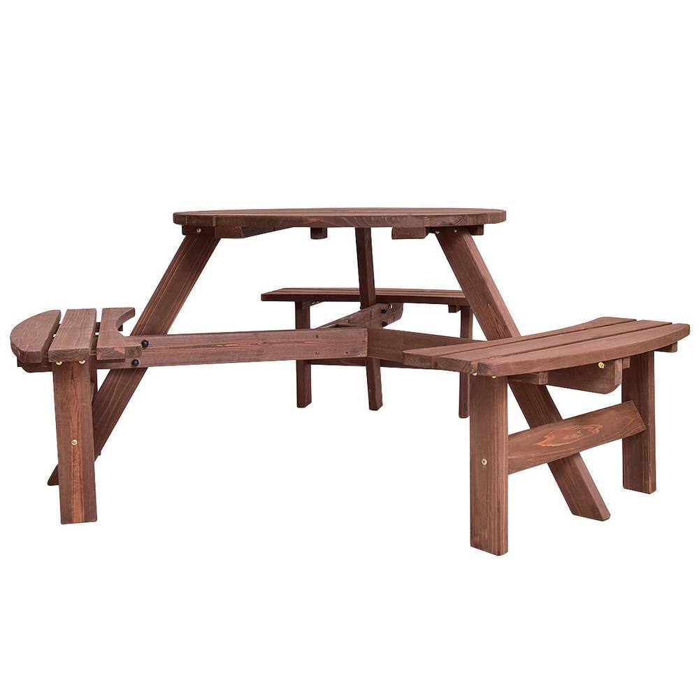 None 6-Person Round Wood Outdoor Picnic Table with Chair