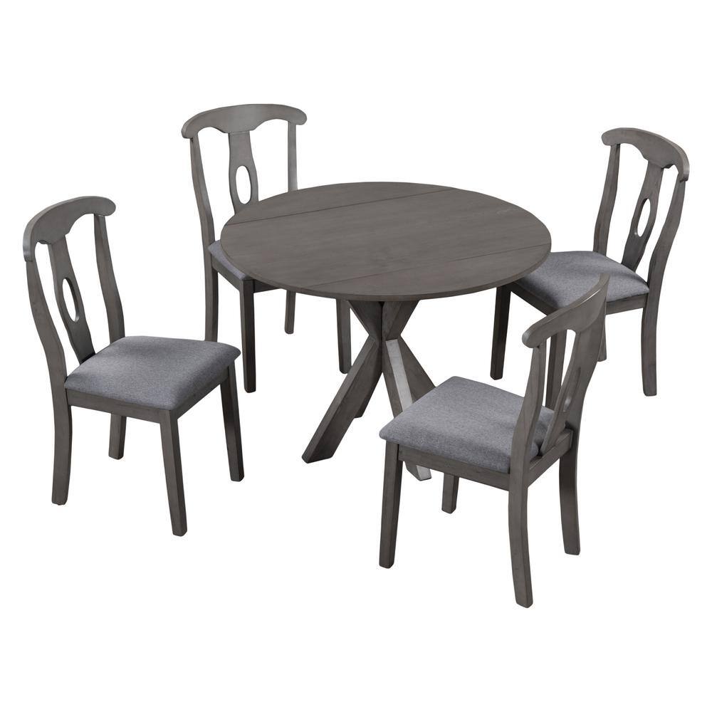 Harper & Bright Designs Rustic Farmhouse 5-Piece Gray Round Drop Leaf Wood Dining Table Set with 4-Padded Dining Chairs