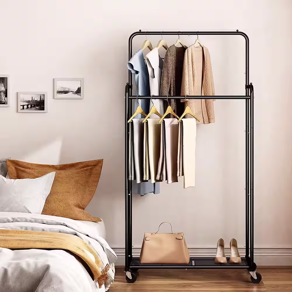 None Black Metal Garment Clothes Rack With Double Rod 29 in. W x 60 in. H