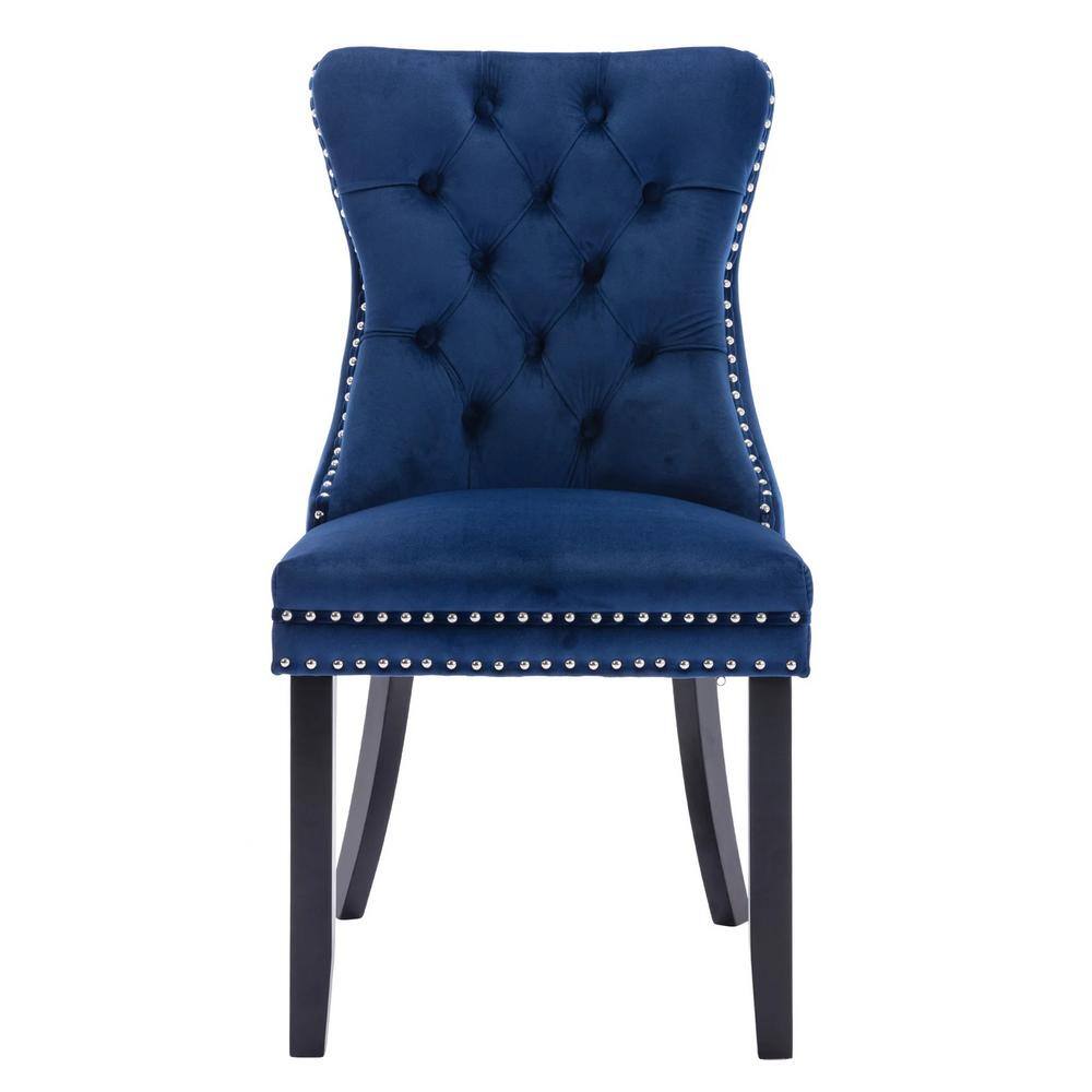 None Dark Blue Velvet Upholstered Dining Chairs Accent Diner Chairs Stylish Kitchen Chairs with Wood Legs (Set of 2)