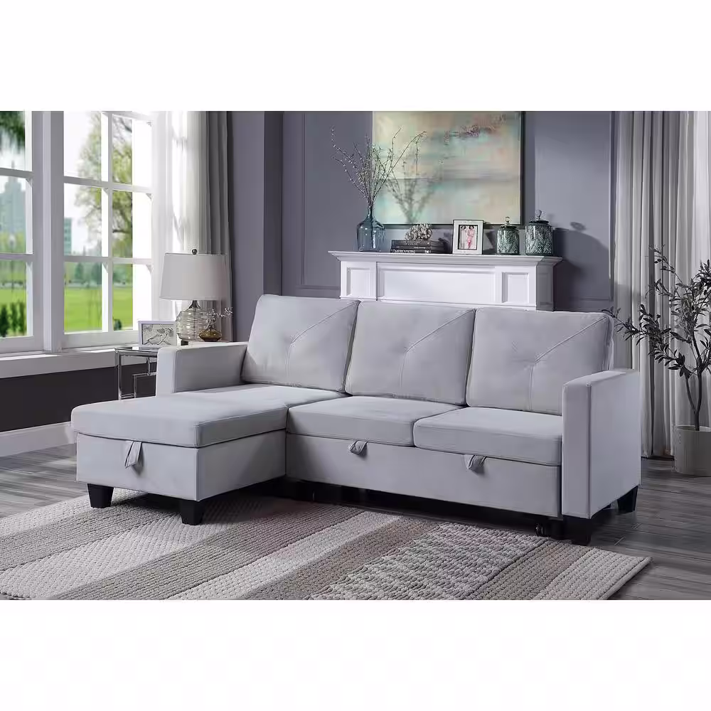 SIMPLE RELAX 82.5 in. W Velvet Reversible Sleeper Sectional Sofa with Storage Chaise in Light Gray