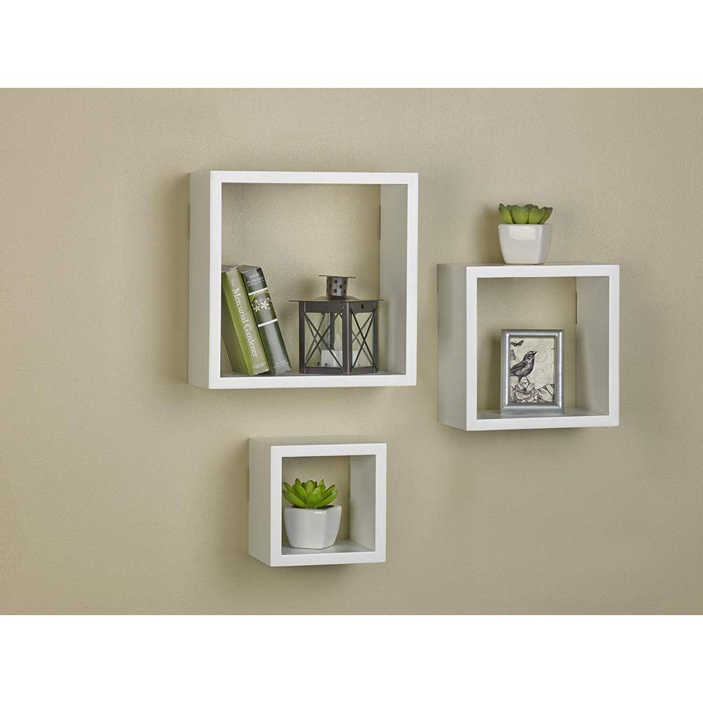 Melannco 9 in. x 9 in., 7 in. x 7 in., 5 in. x 5 in., Square Wood Shelves in White (Set of 3)