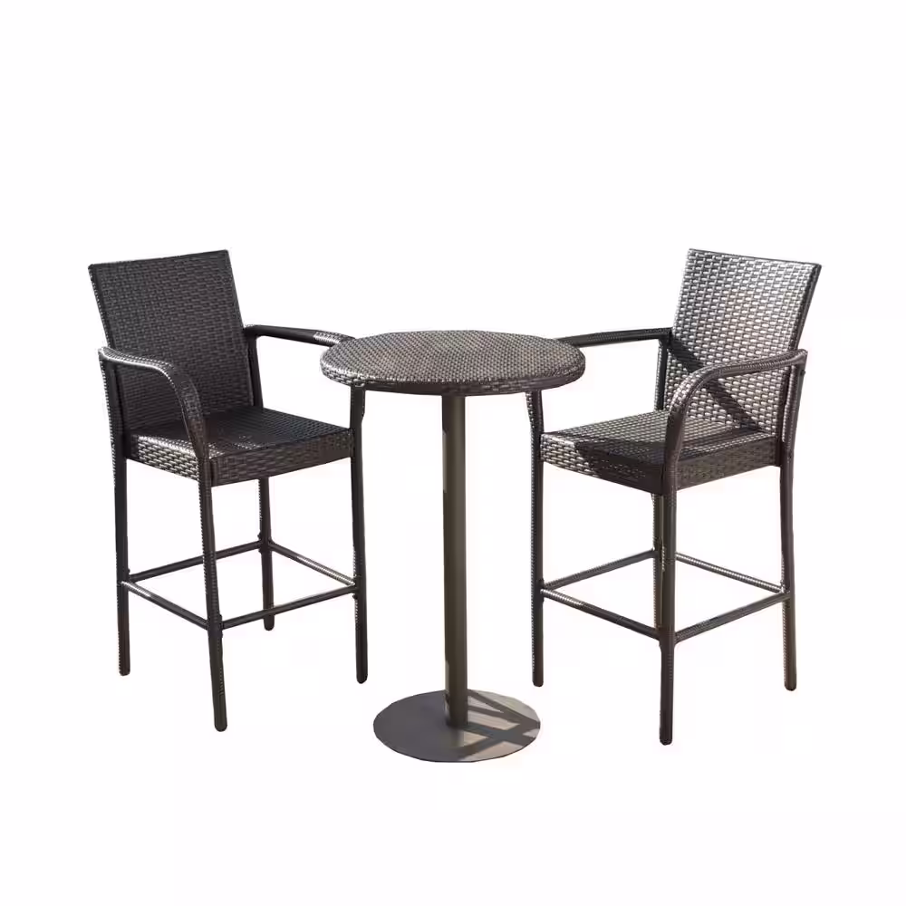 Noble House Stella Multi-Brown 3-Piece Faux Rattan Round 40 in. Outdoor Bistro Set