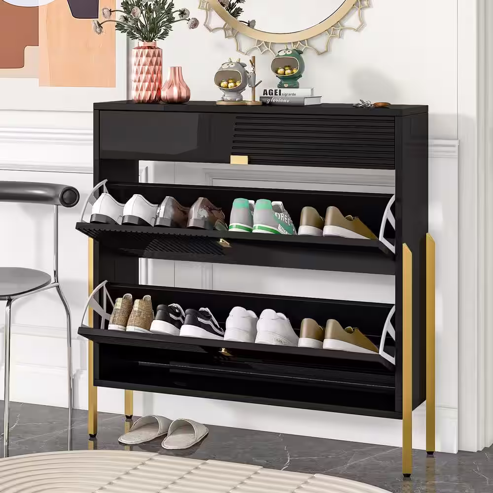 maocao hoom 39 in. H x 10 in. W Black Particle Board Shoe Storage Cabinet with with 2-Flip Drawers and 1-Slide Drawer