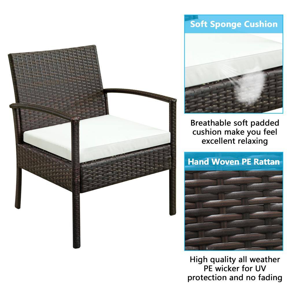 None 3-Piece Wicker Patio Conversation Set with White Cushion