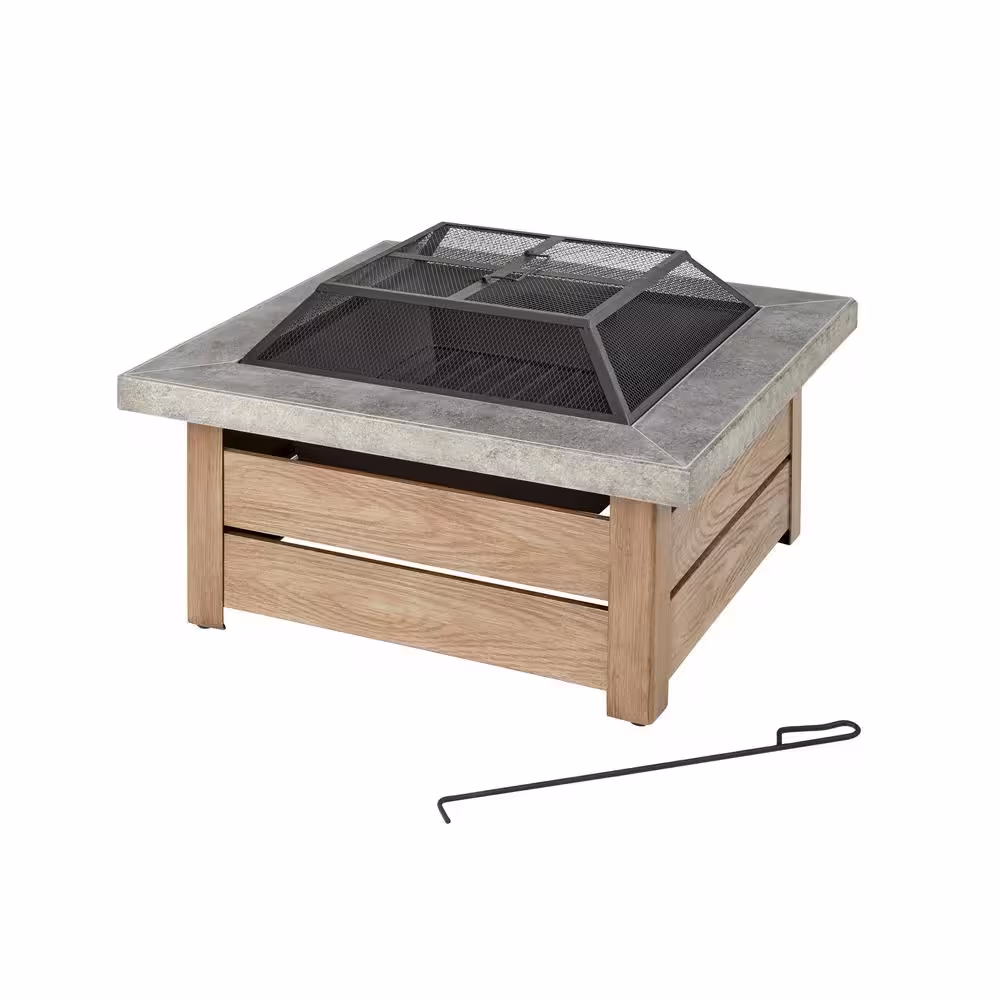 Hampton Bay Stoneham 34 in. x 15.5 in. Square Steel Wood Fire Pit with Tile Top