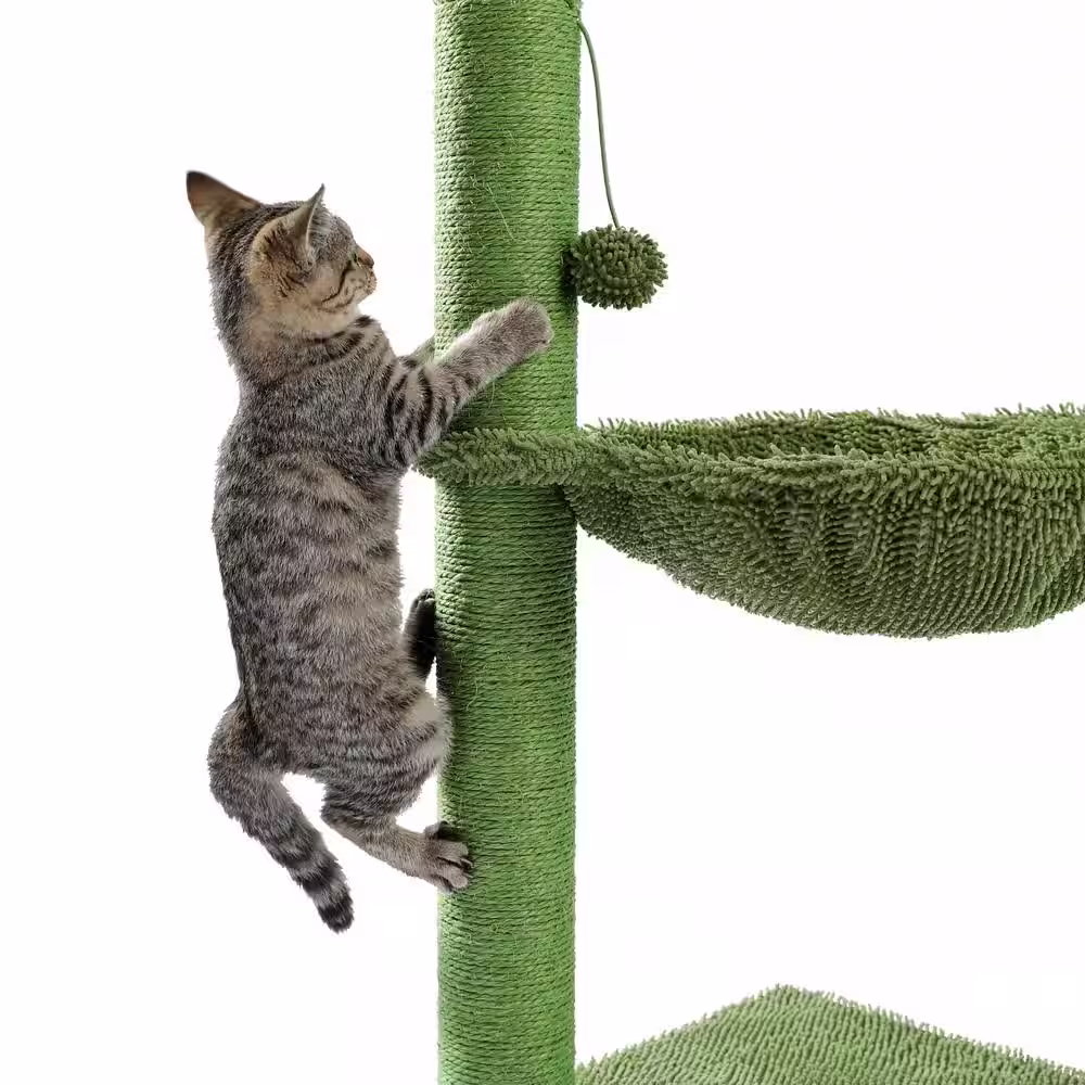 None 36.9 in. Wooden Green Cactus Cat Tree, Cat Tower with Sisal Covered Scratching Posts