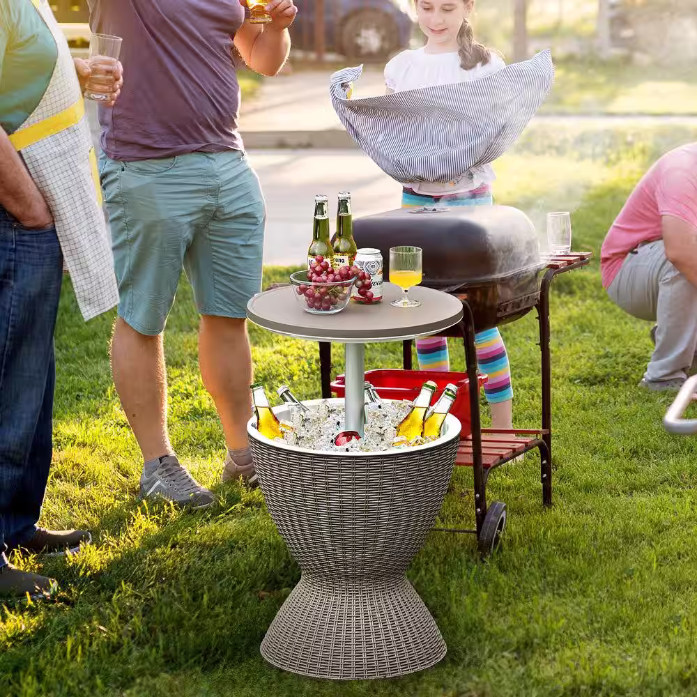 Gymax 8-Gal Patio Ice Cooler Bucket Cool Bar Side Table w/Retractable Tabletop Brown